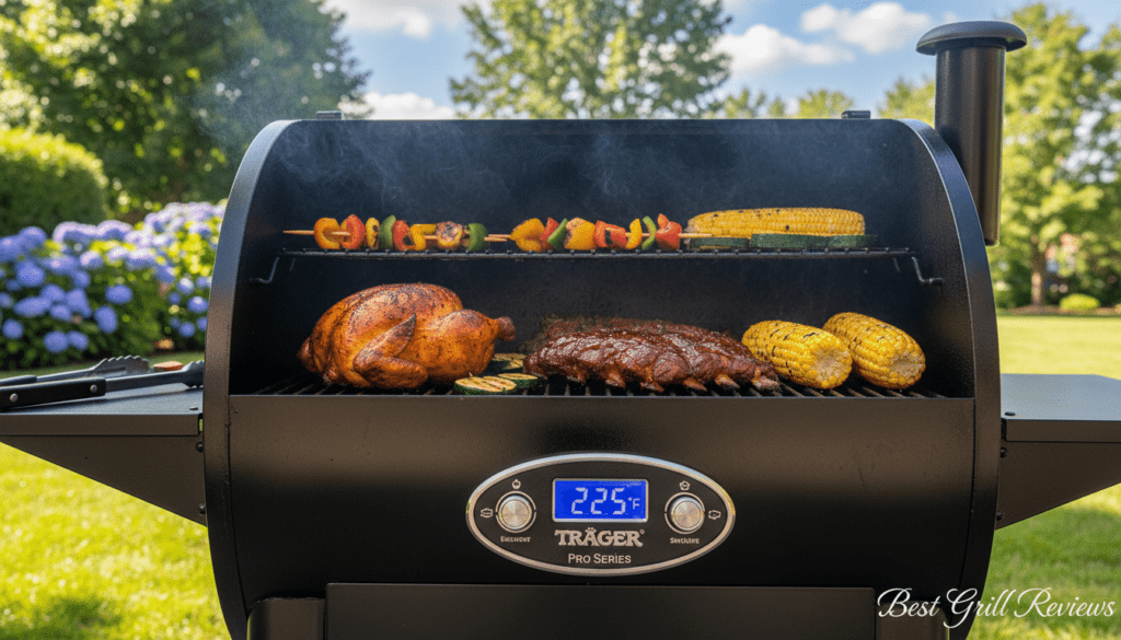 A high-quality image capturing the essence of pellet grill temperature control and cooking performance. In the foreground, a sleek Traeger Pro Series pellet grill with a digital display showing temperature settings, illuminated with soft LED lighting to highlight its features. In the middle, a beautifully cooked array of meats and vegetables on the grill grate, exuding a smoky, appetizing aroma. The background features a vibrant outdoor setting, perhaps a backyard with green foliage and a clear blue sky, adding a warm, inviting atmosphere. The scene is well-lit with natural light showcasing the grill’s polished surface and the textures of the food. The image must convey a professional and enticing feel, suitable for a culinary blog about grilling, showcasing the brand "Best Grill Reviews".