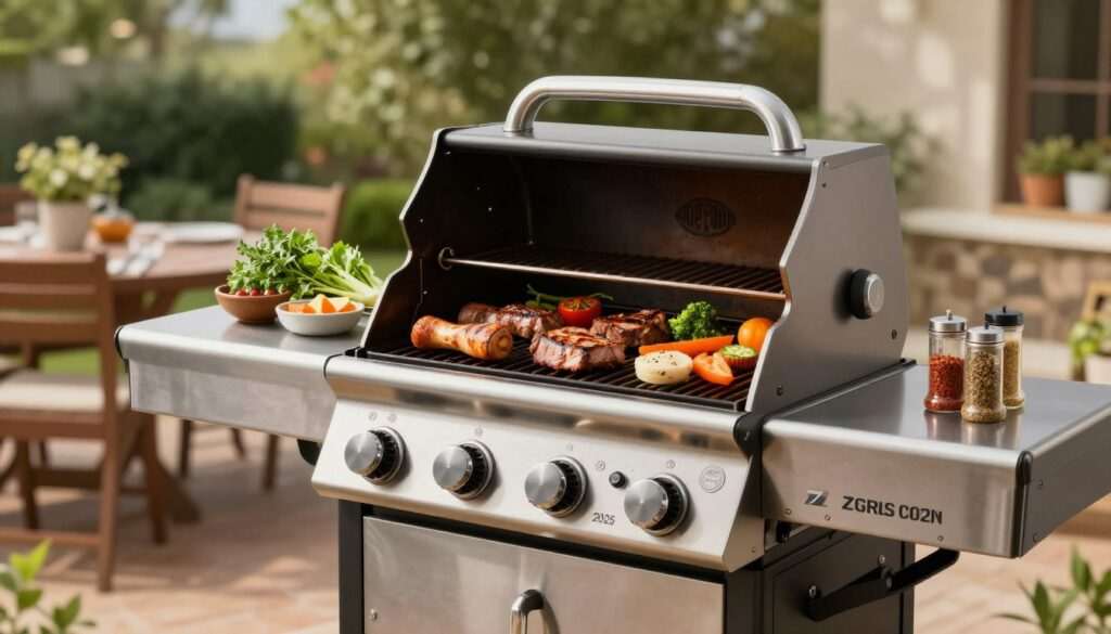 A modern Z GRILLS 2025 Electric Pellet Grill, prominently featured in the foreground, is sizzling with an array of delicious meats and vegetables, showcasing its impressive cooking performance. The grill's sleek stainless steel design gleams under warm, natural lighting, creating an inviting atmosphere. In the middle ground, the grill is surrounded by fresh herbs and a variety of seasonings, emphasizing the culinary possibilities it offers. The background features an outdoor patio setting with lush greenery and soft bokeh effects, adding depth without distracting from the grill. The scene is captured from a slightly elevated angle, focusing on the rich colors and textures of the grilled food, all while conveying a sense of excitement and satisfaction in outdoor cooking experiences. Best Grill Reviews is implied in the quality of the grill's performance.