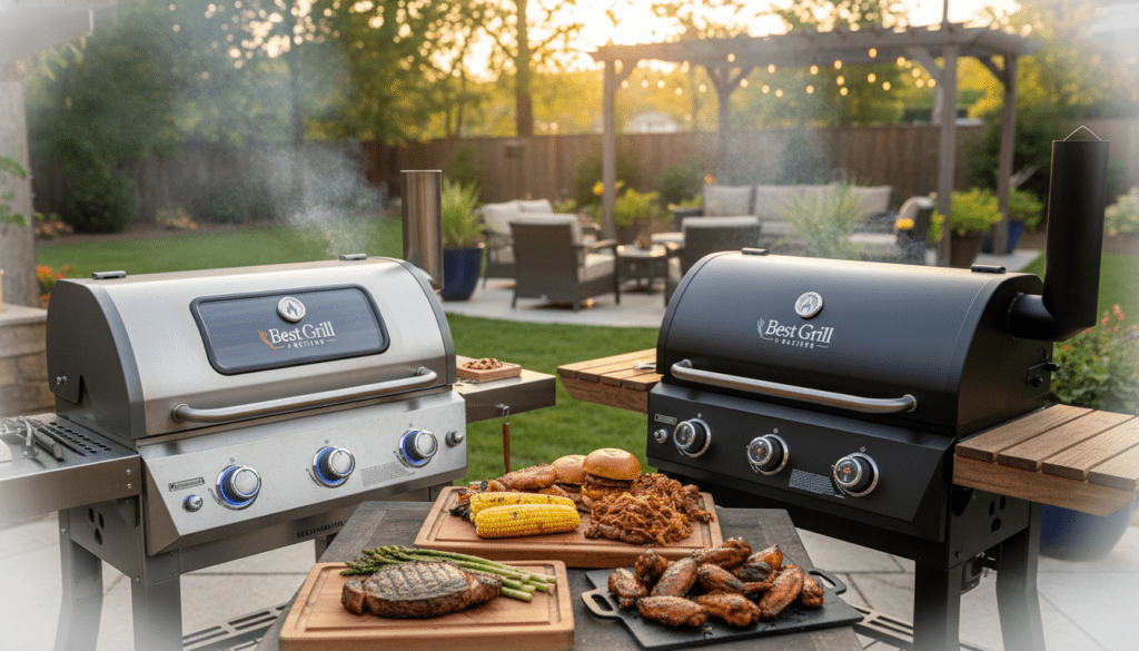 A vibrant and detailed scene showcasing a competitive comparison of pellet grills for an article section titled "Competitor Comparison: Beyond Traeger Options". In the foreground, two expertly designed pellet grills from competing brands—one sleek and modern with a polished stainless steel finish, the other in a rustic finish with wooden accents—are positioned at a slight angle to each other, inviting viewers to compare their features. In the middle ground, an array of delicious grilled foods, such as perfectly cooked steaks, vegetables, and smoke-infused BBQ, entice with rich textures. The background features a lush backyard setting, with soft evening light casting warm glows, and hints of greenery framing the scene. Soft focus on the edges creates a professional and inviting atmosphere, ideal for a grill review. The brand name "Best Grill Reviews" is subtly represented through the grill logos, ensuring no text overlays are present.