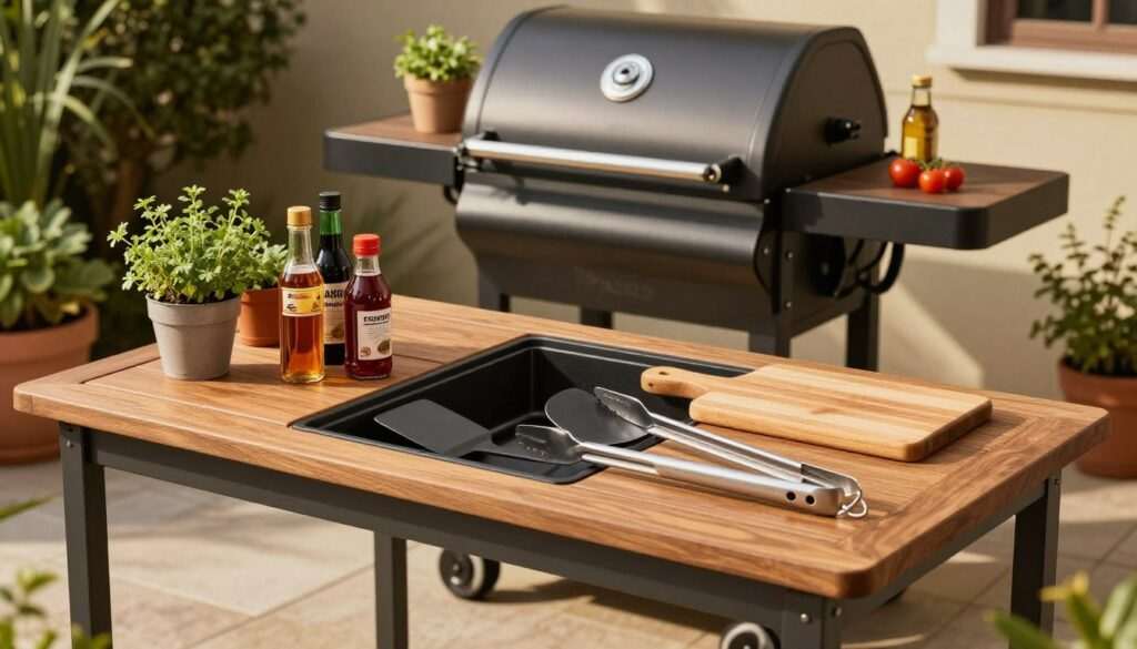 grill side table and storage features