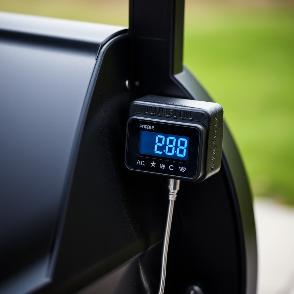 A close view shows the built-in probe plugged into the smoker with a digital temperature readout lit up