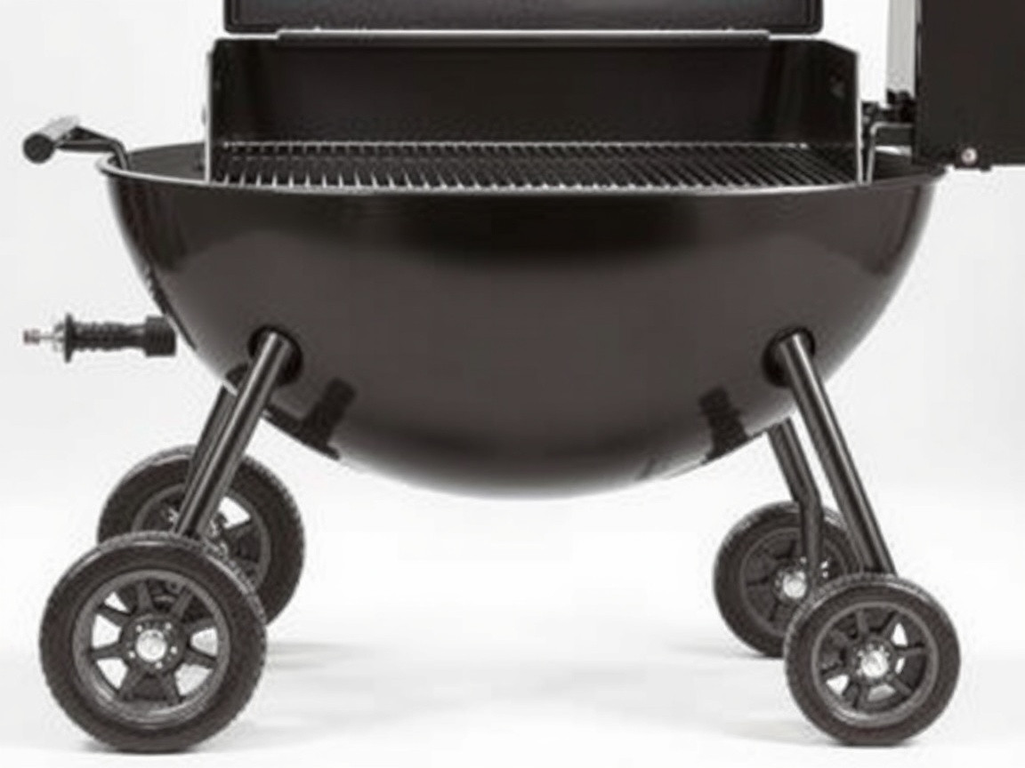 The grill rests on large wheels and solid metal legs.