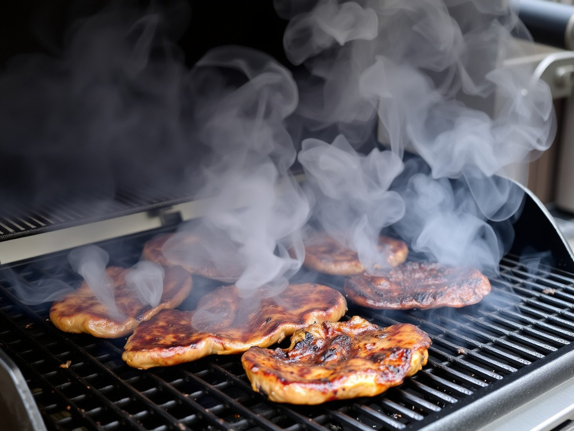 Smoke rises from the grill as meat cooks on the grates.