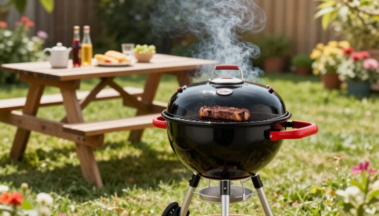Napoleon Rodeo Kettle NK22CK-L charcoal grill featuring a glossy black porcelain-coated bowl, red side handles, and steam rising from the cooked meat