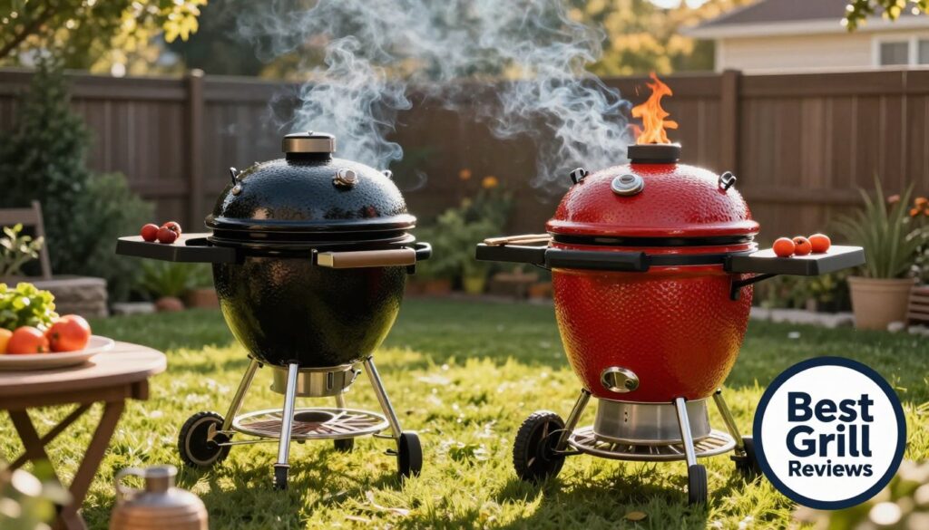 A vibrant backyard scene featuring a kettle-style charcoal grill on the left, showcasing its classic rounded design and shiny black finish, paired with a kamado-style grill on the right, highlighting its egg-like shape and vibrant, glazed ceramic surface. In the foreground, lush green grass is visible, with a table set up for a BBQ, complete with grilling tools and fresh ingredients. The middle ground captures the grills prominently, with smoke gently wafting from the kettle grill and bright flames flickering from the kamado grill, providing a warm and inviting atmosphere. Soft, golden hour lighting enhances the scene, casting long shadows and creating a cozy ambiance. The background features fencing and trees, adding depth while keeping the focus on the grills, embodying the spirit of outdoor cooking. A sense of excitement and culinary adventure permeates the image. Brand logo: Best Grill Reviews. A vibrant backyard scene featuring a kettle-style charcoal grill on the left, showcasing its classic rounded design and shiny black finish, paired with a kamado-style grill on the right, highlighting its egg-like shape and vibrant, glazed ceramic surface. In the foreground, lush green grass is visible, with a table set up for a BBQ, complete with grilling tools and fresh ingredients. The middle ground captures the grills prominently, with smoke gently wafting from the kettle grill and bright flames flickering from the kamado grill, providing a warm and inviting atmosphere. Soft, golden hour lighting enhances the scene, casting long shadows and creating a cozy ambiance. The background features fencing and trees, adding depth while keeping the focus on the grills, embodying the spirit of outdoor cooking. A sense of excitement and culinary adventure permeates the image. Brand logo: Best Grill Reviews.