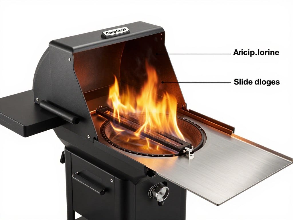 Camp Chef Slide and Grill technology showing direct flame access mechanism Camp Chef Slide and Grill technology showing direct flame access mechanism