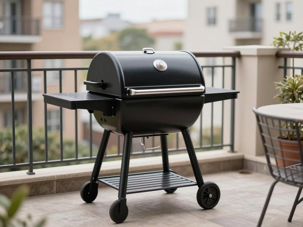 Char-Griller Patio Pro compact charcoal grill on small patio Char-Griller Patio Pro compact charcoal grill on small patio