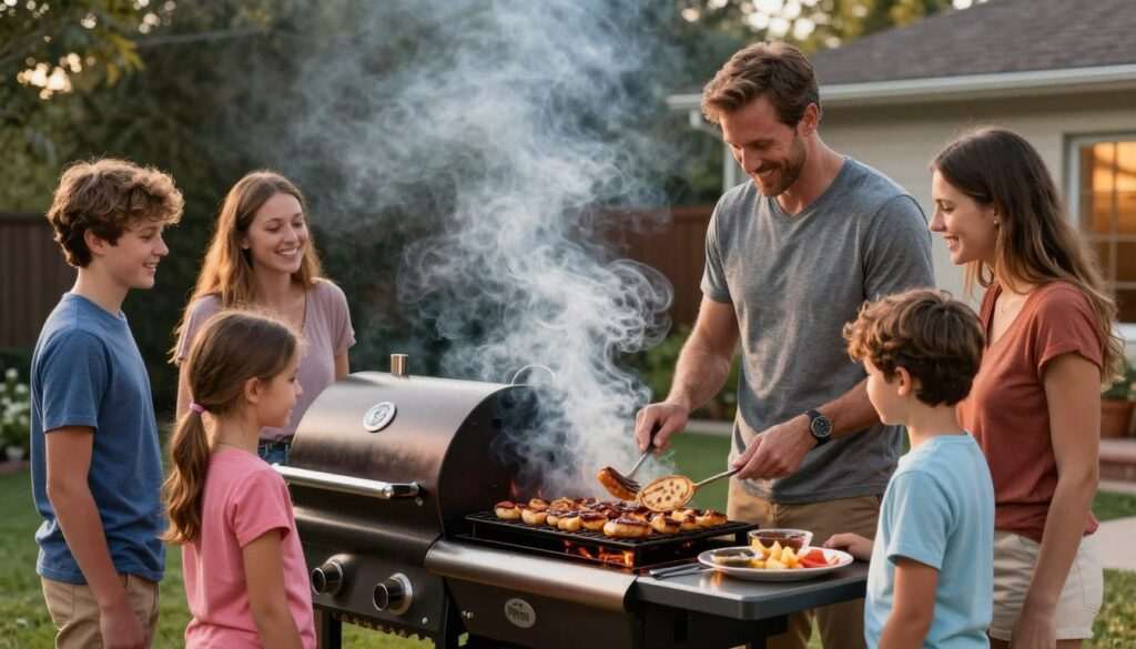 Family enjoying a barbecue with a Traeger pellet grill