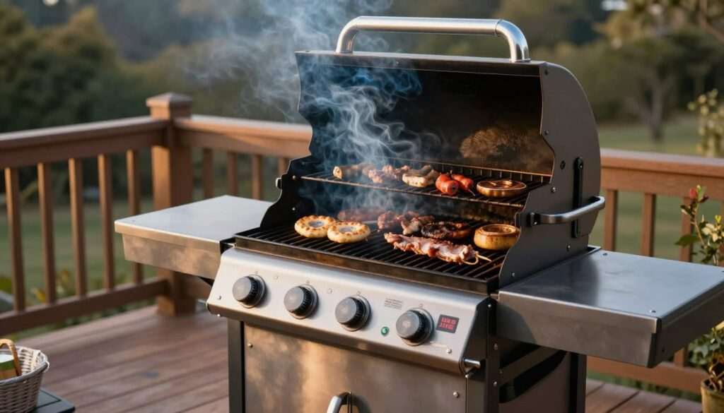 Green Mountain Daniel Boone pellet grill with smoke rising and food visible on the grates
