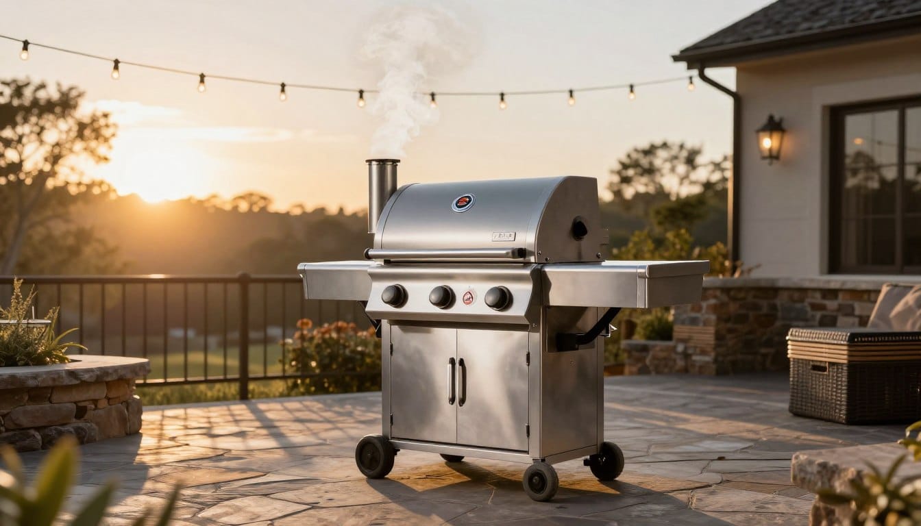 Modern pellet grill on backyard patio with smoke rising during sunset cookout