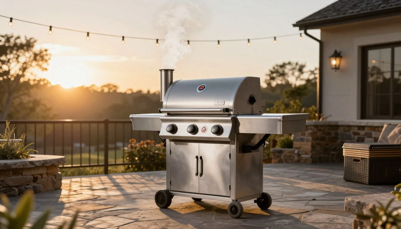 Modern pellet grill on backyard patio with smoke rising during sunset cookout