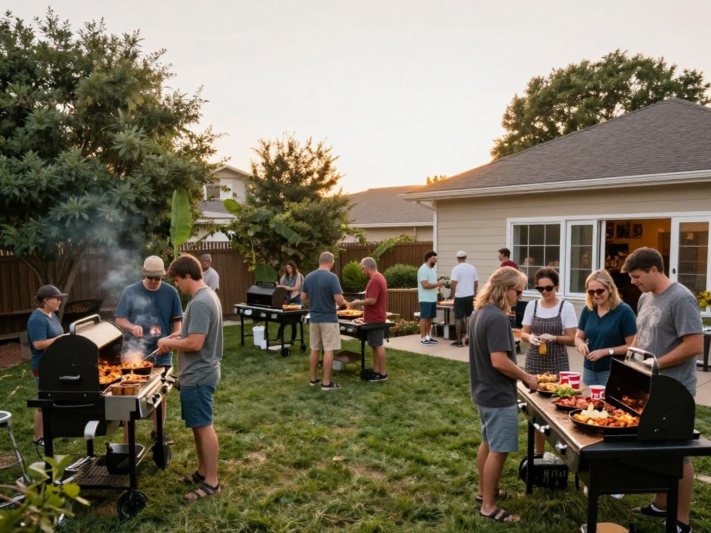 Multiple pellet grills cooking simultaneously at backyard BBQ gathering Multiple pellet grills cooking simultaneously at backyard BBQ gathering