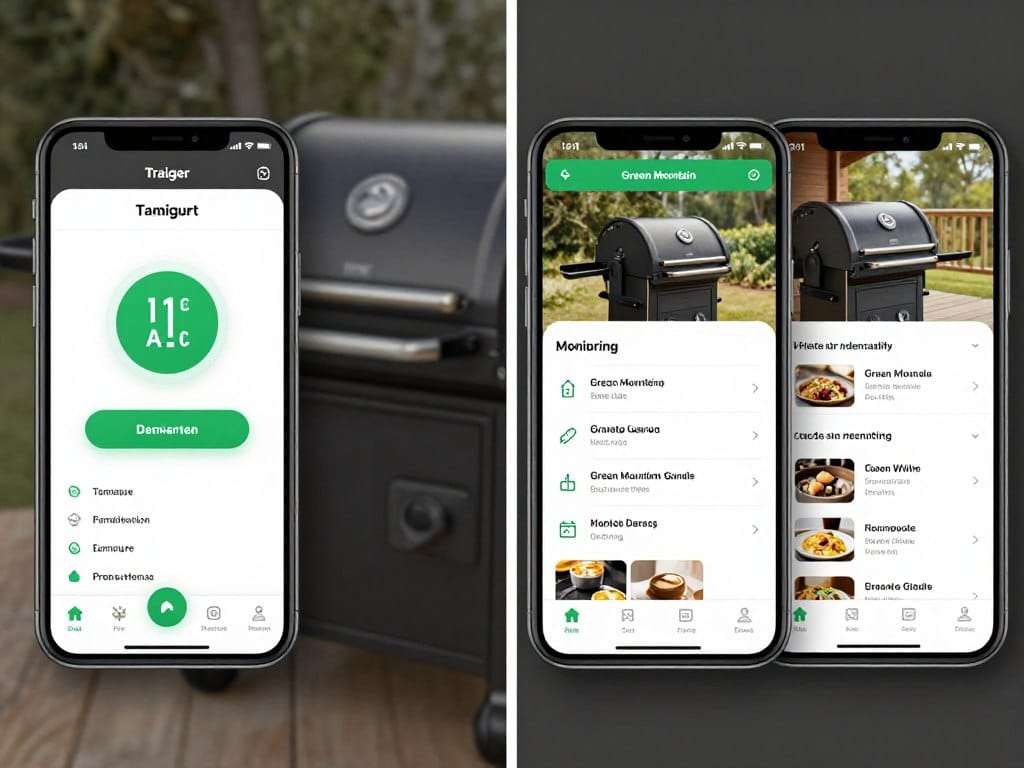 Screenshots of Traeger and Green Mountain Grills smartphone apps showing interface differences