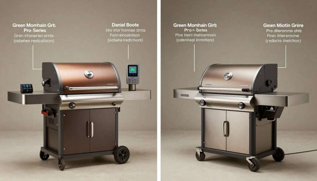 Side-by-side comparison of Traeger and Green Mountain pellet grill features highlighting key differences