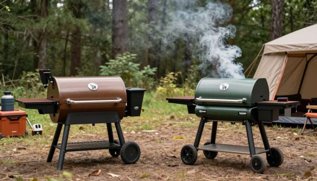 Traeger Tailgater and GMG Trek portable pellet grills set up at a campsite