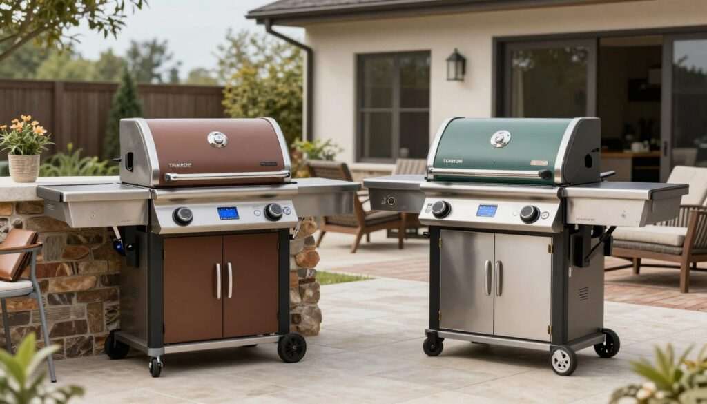 Traeger Timberline and GMG Peak Prime premium pellet grills showing high-end features