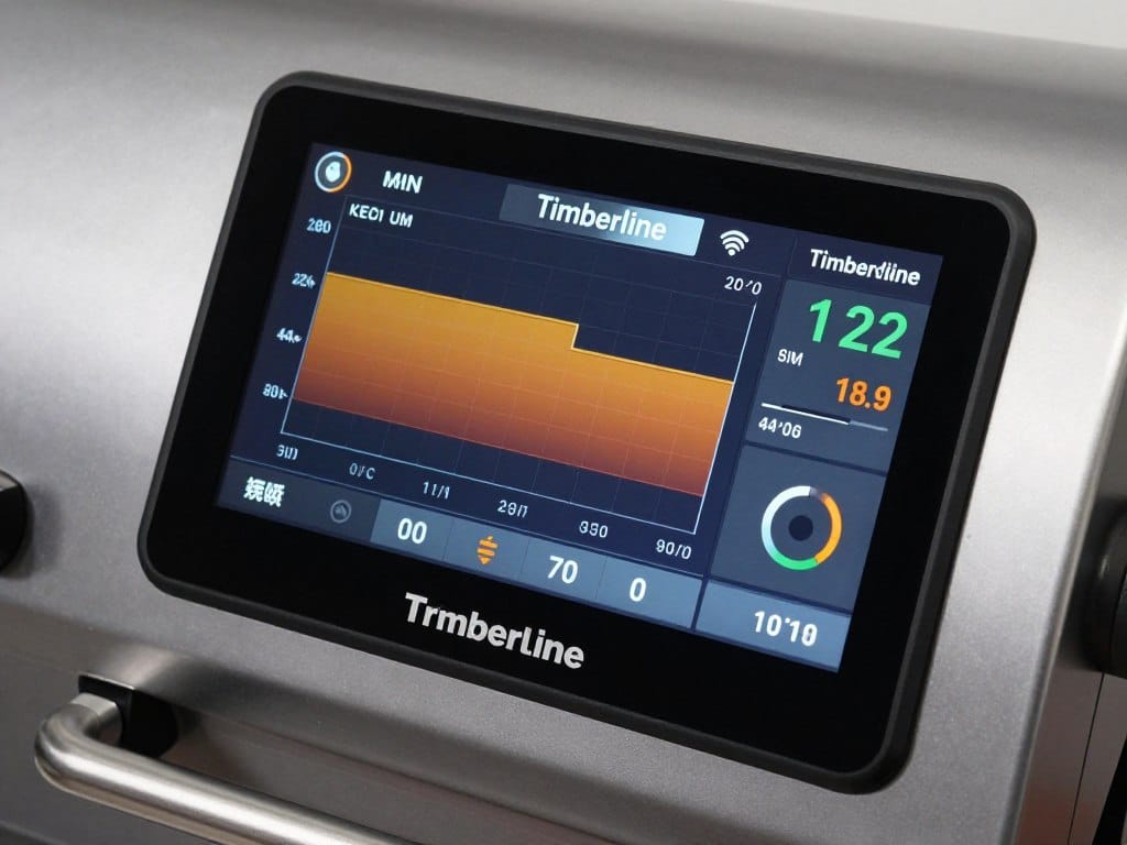 Traeger Timberline touchscreen display showing cooking temperature and time settings Traeger Timberline touchscreen display showing cooking temperature and time settings