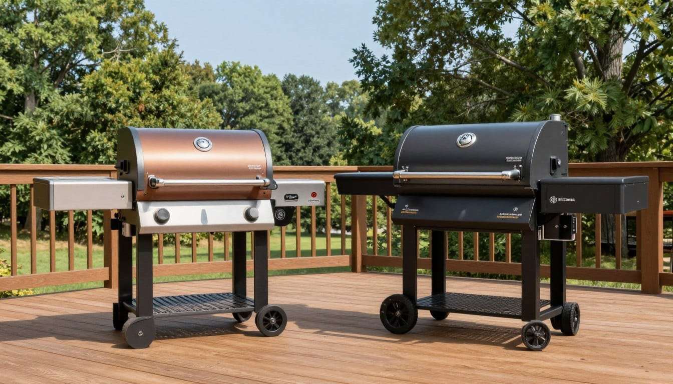 Traeger and Green Mountain pellet grills side by side comparison showing the Traeger Pro Series and GMG Daniel Boone models