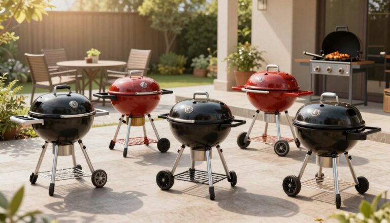 Multiple round charcoal grills in black and red finishes, including Weber Original Kettle Premium 22-Inch and Weber Master-Touch, arranged in a sunlit backyard