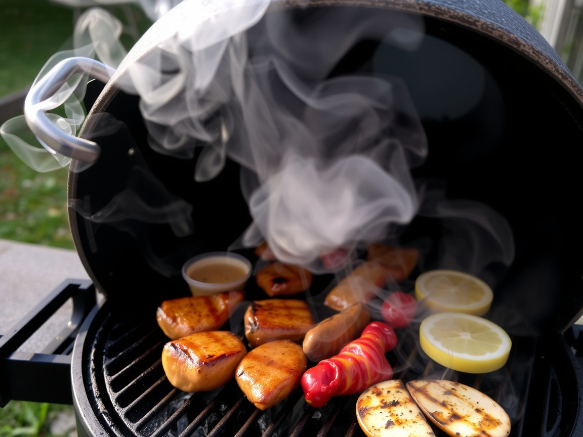 Smoke rising gently from the grill while food cooks inside