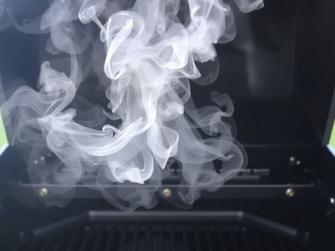 Thin smoke rises from the back vent of the closed grill.