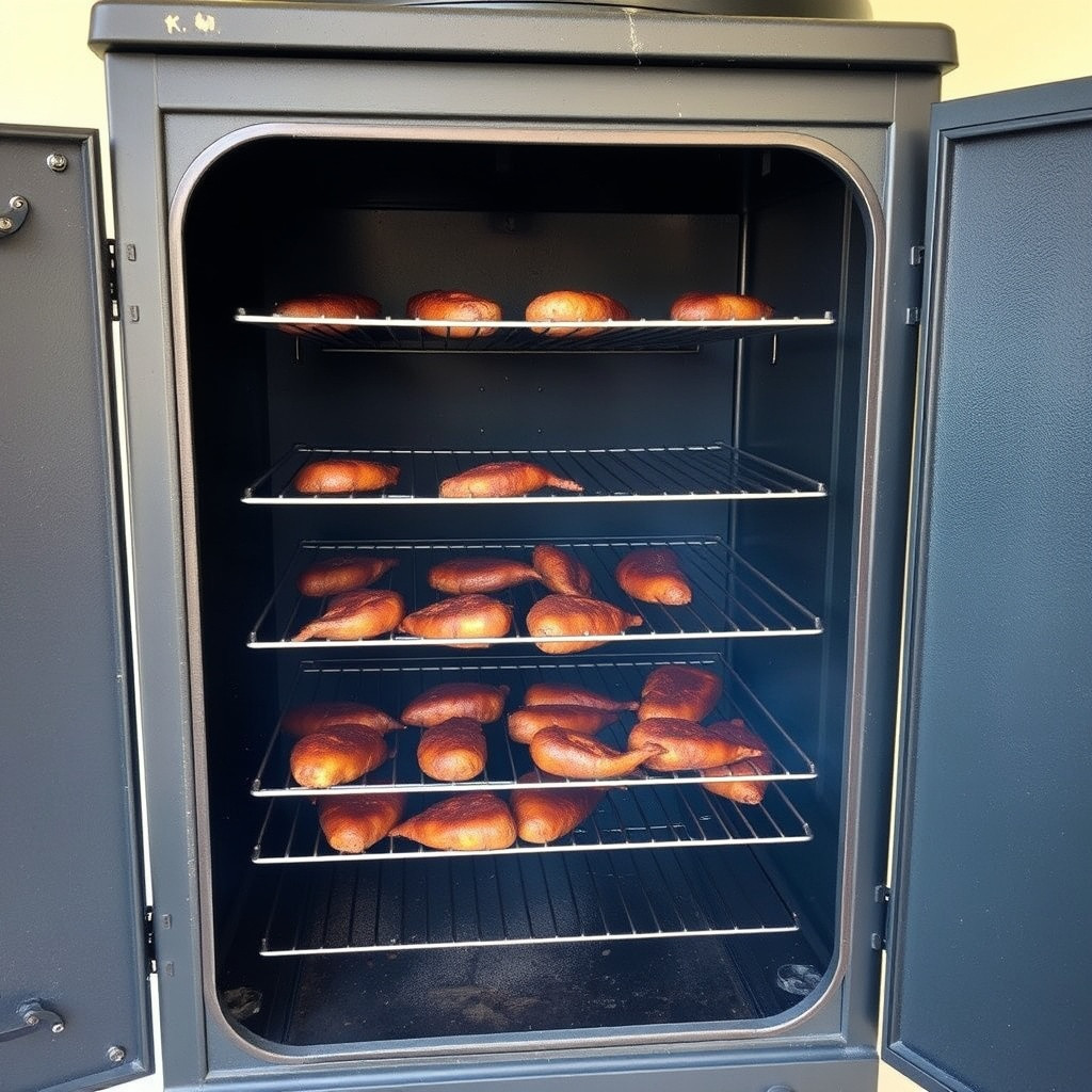 The smoker has large cooking racks visible through an open door.