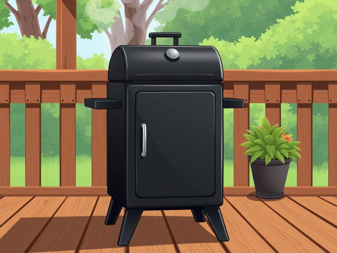 A 30-inch black electric smoker standing on a wooden patio with its door closed