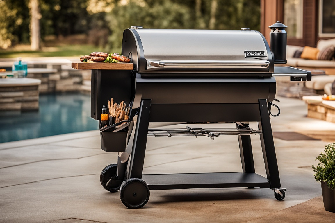 A Traeger Pro 780 grill sits on a patio with its lid open and food inside