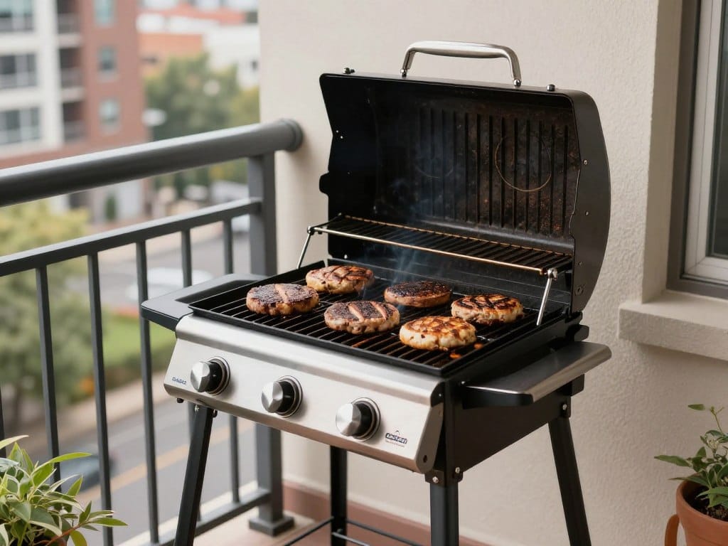 char-broil performance cooking burgers on small patio