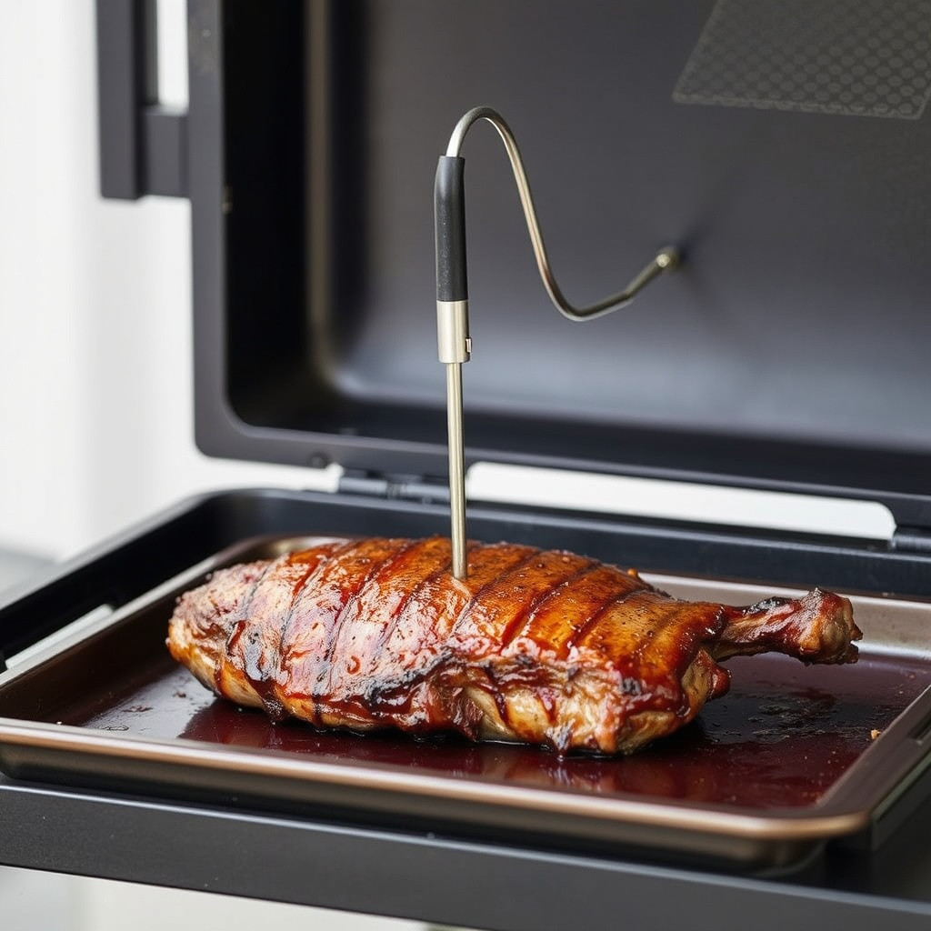 A metal meat probe cable runs from the smoker into a piece of meat on a tray.