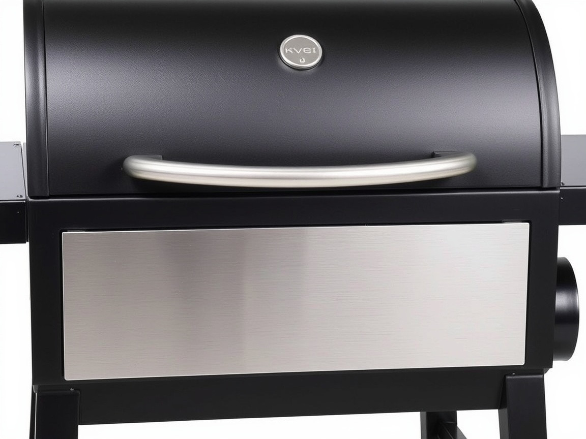 A large pellet grill with a brushed metal front panel and a black curved lid.