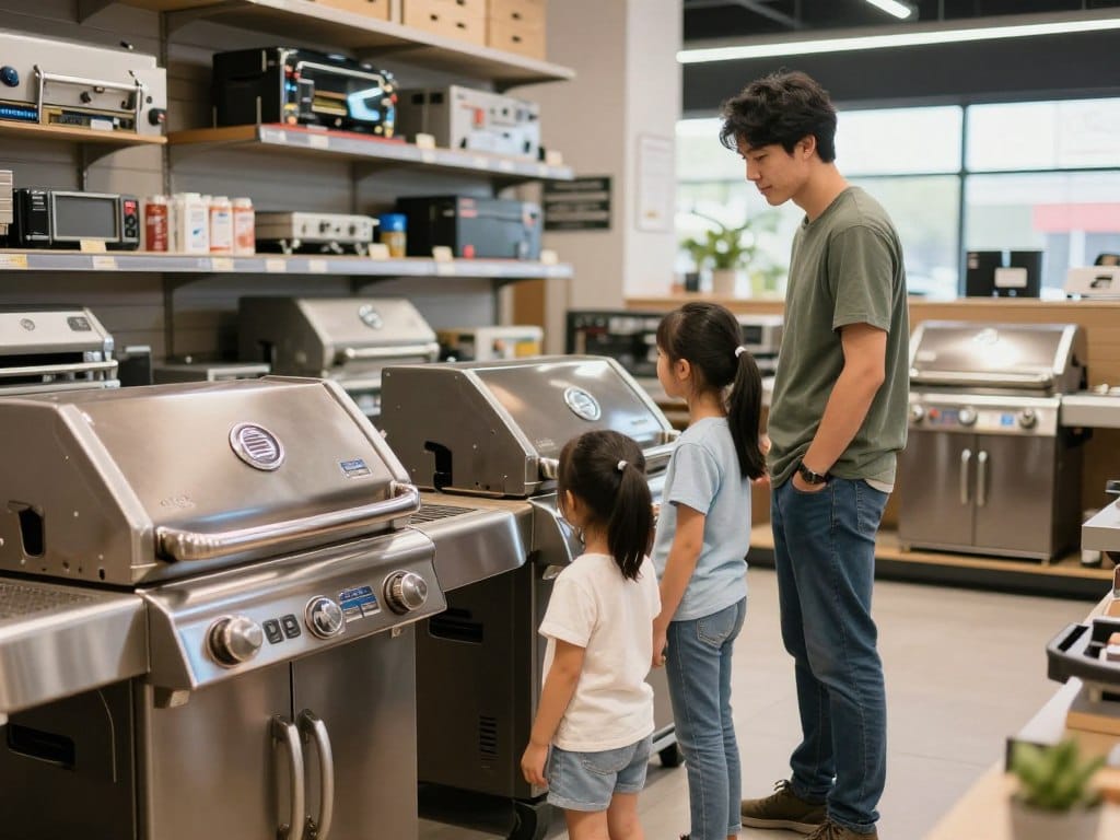 family choosing gas grill at outdoor store