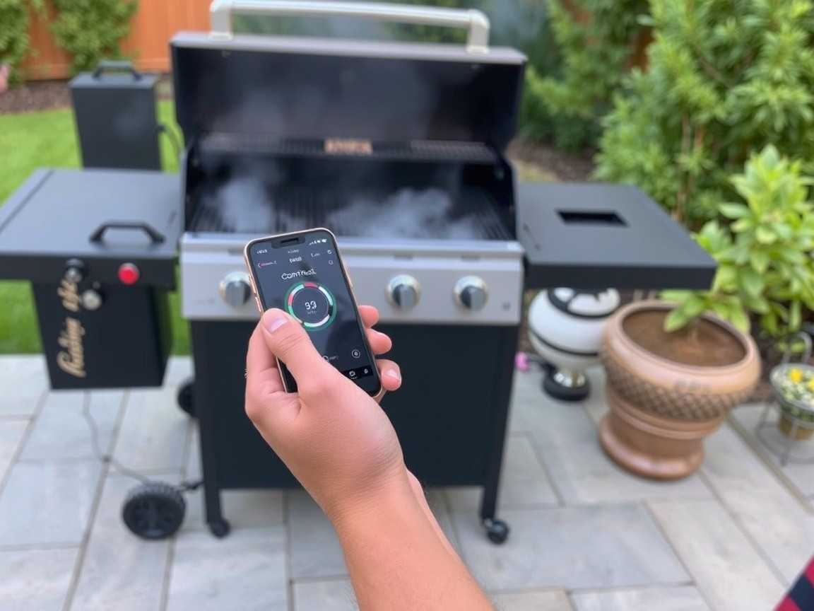 A person taps a grill control app on their phone while the grill smokes on the patio.