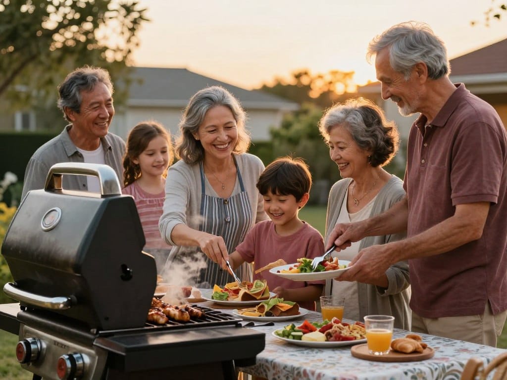 happy family gathered around gas grill at sunset
