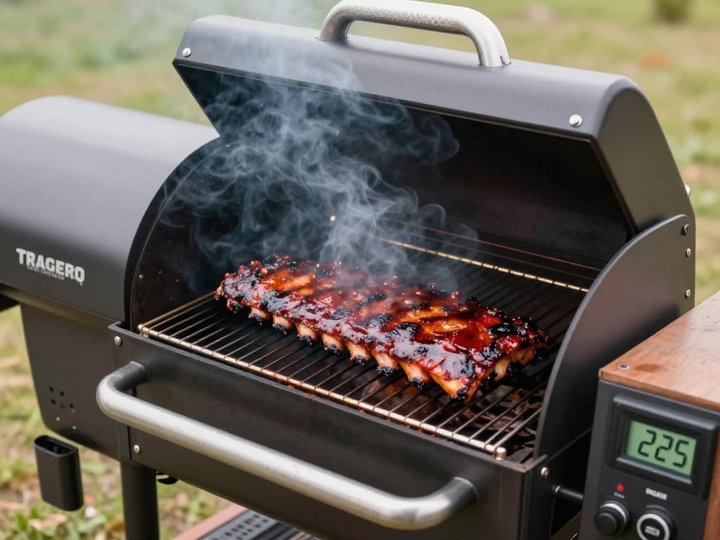 traeger pro 575 smoking ribs with visible smoke