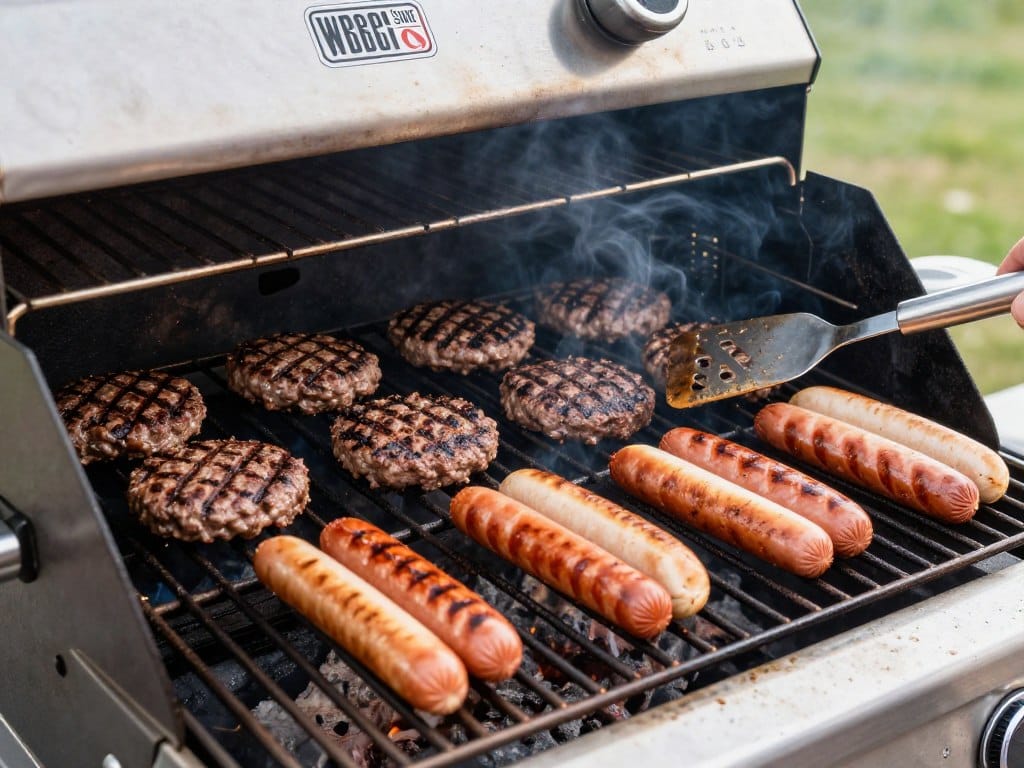 weber spirit e-310 with burgers and hot dogs cooking