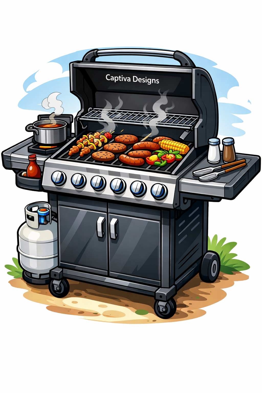 Captiva Designs six-burner propane gas BBQ grill with side burner and porcelain-enameled cast iron grate, illustrated outdoor cooking powerhouse featuring the brand name on the lid