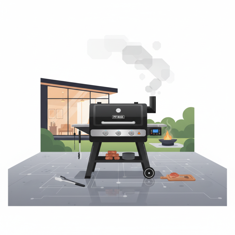 Pit Boss Pro Series pellet grill in matte black with a digital control panel, flame broiler lever, and smoke stack, set on a patio scene