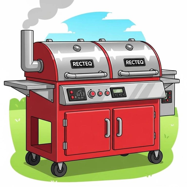 Illustration of a red RECTEQ DualFire 1200 wood pellet smoker grill with two-chamber design, stainless panels, control panel, and wheels