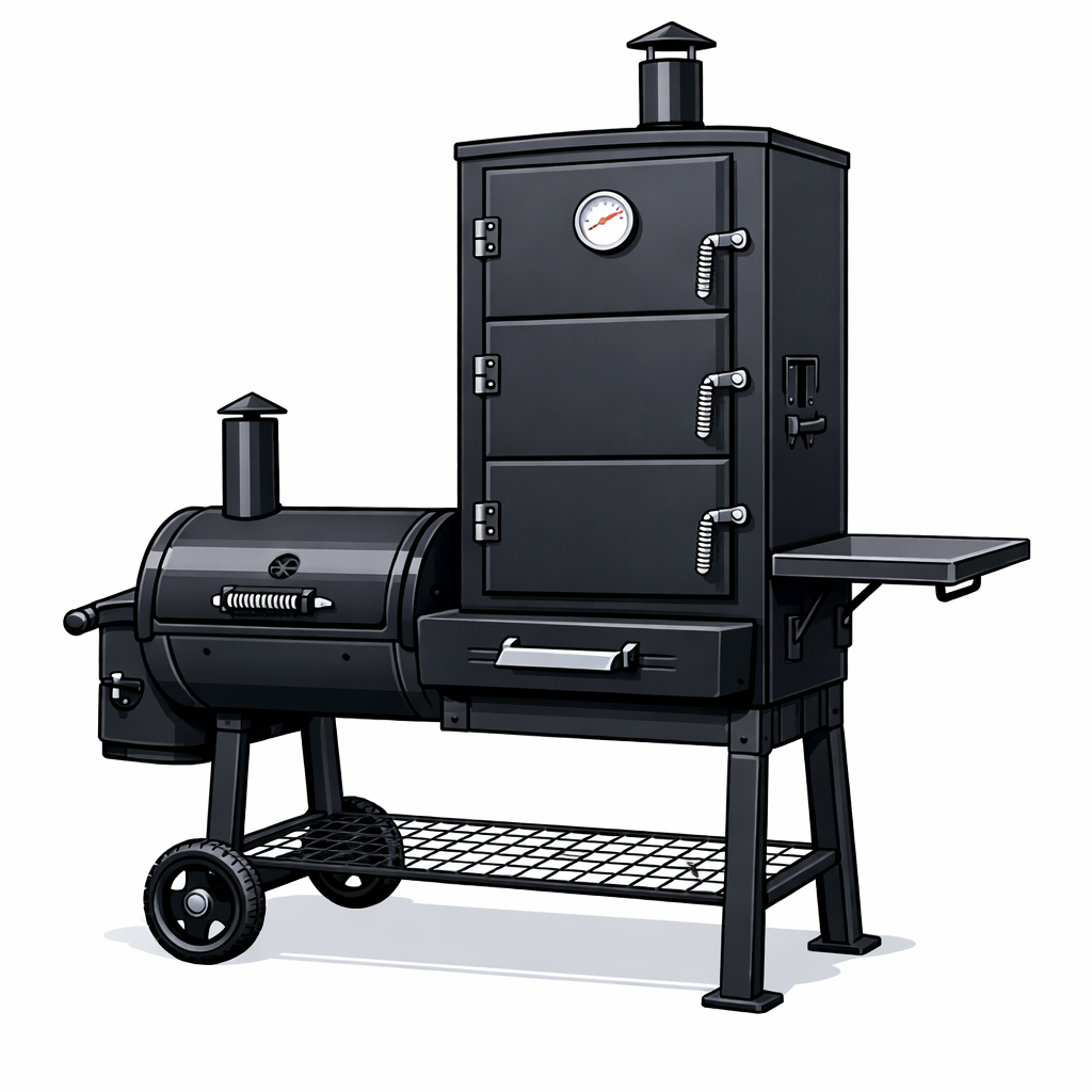 Sophia William heavy-duty vertical offset charcoal smoker grill crafted from dark metallic steel, featuring a tall burner chamber, three hinges, and a side table.