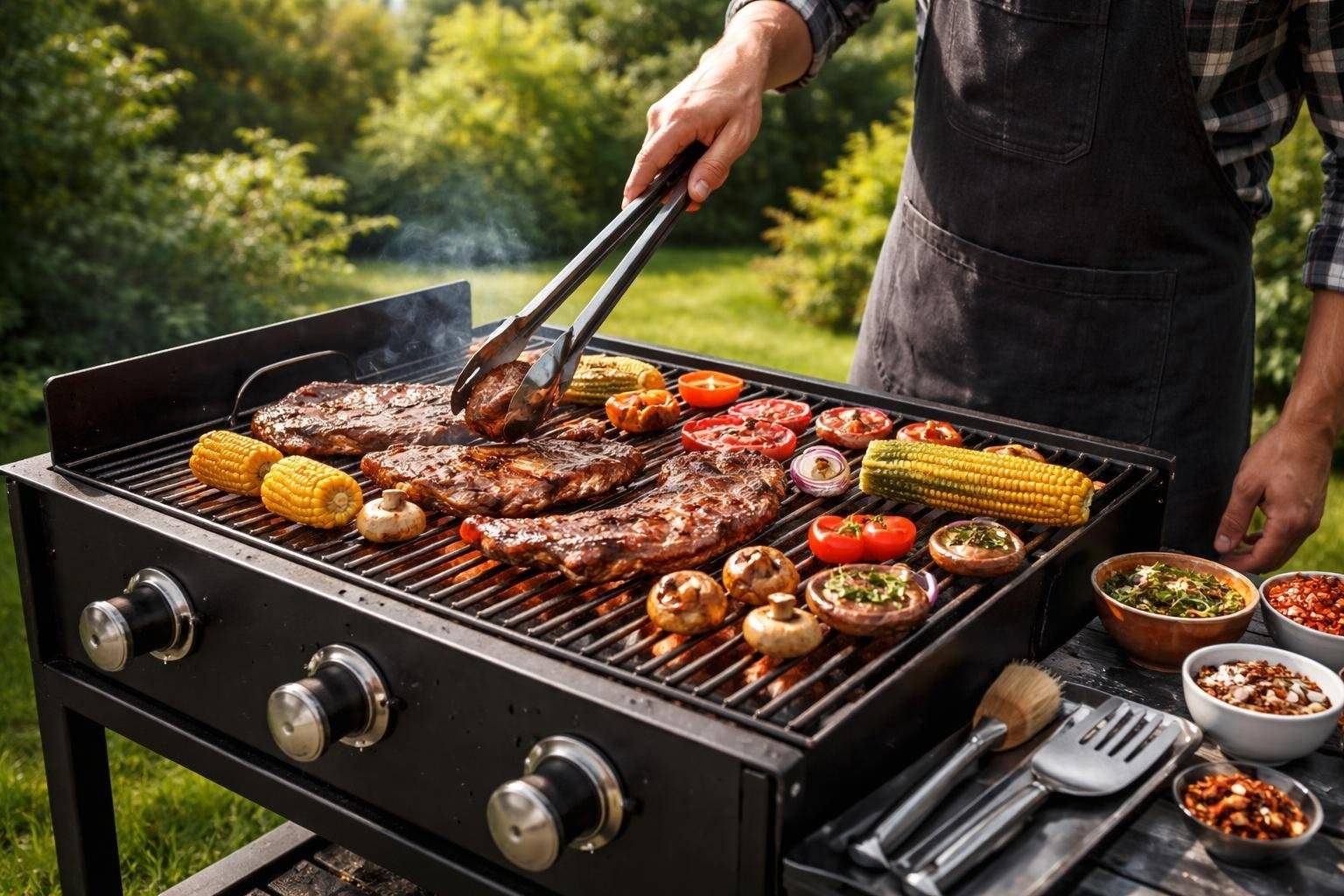 Person grilling meat and vegetables on a charcoal grill in a backyard garden.