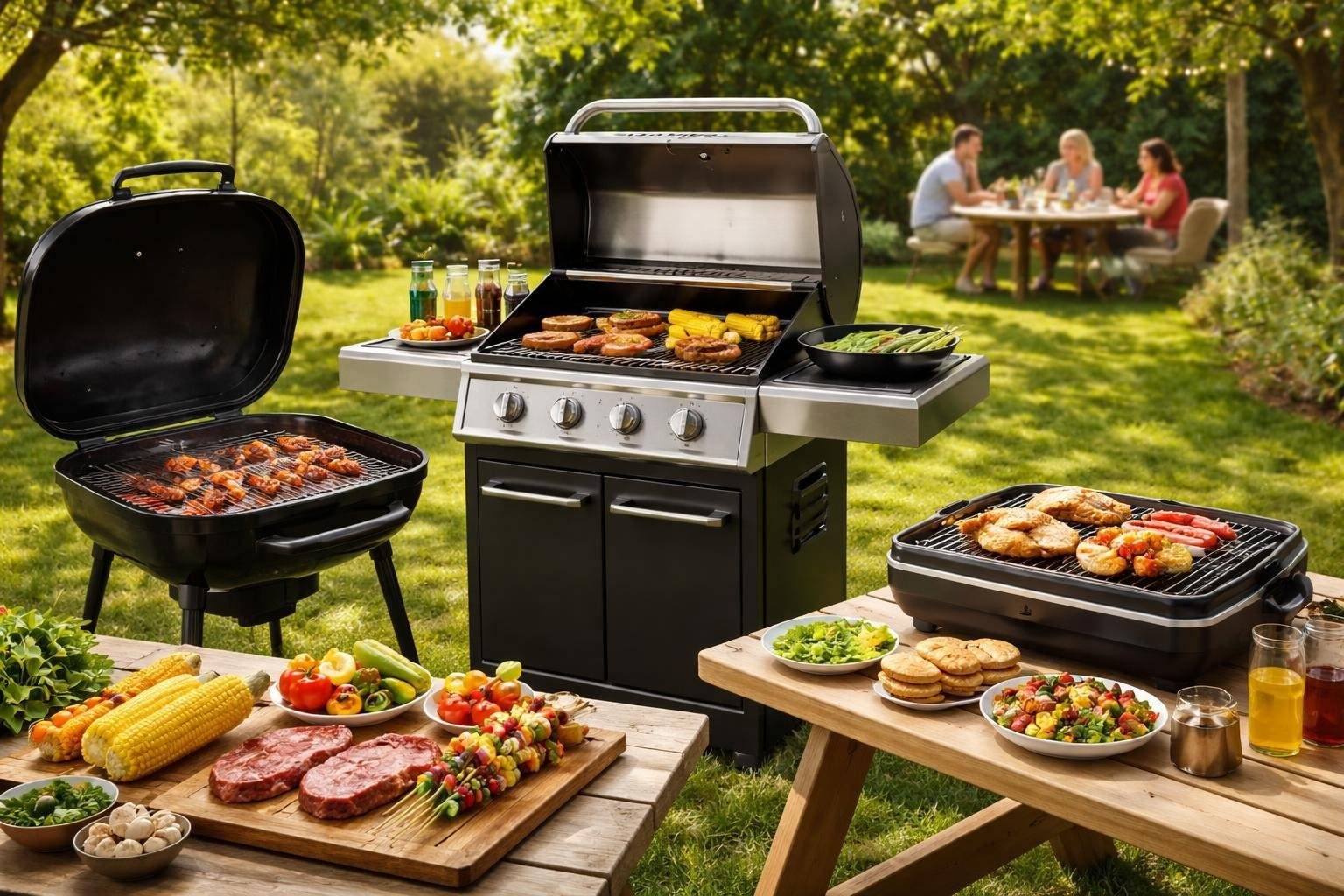 Outdoor backyard scene showing a charcoal grill, a gas grill, and an electric grill with fresh food and people preparing meals.