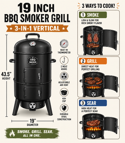 19 Inch BBQ Smoker Grill 3-in-1 Vertical