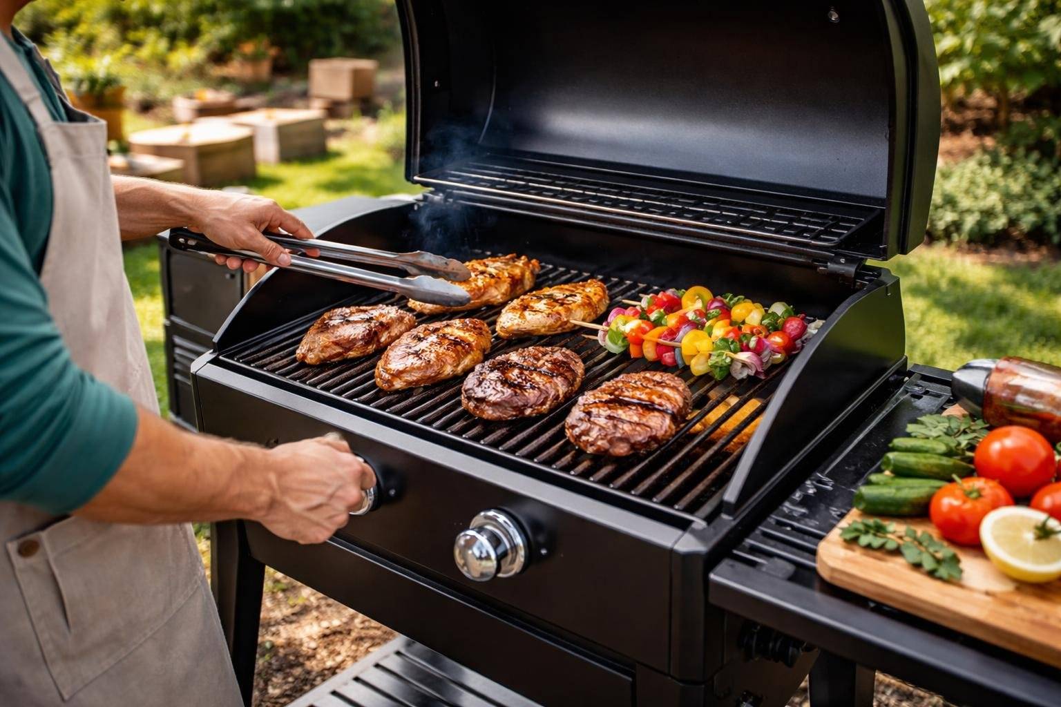 A person grilling chicken, vegetables, and burgers on a pellet grill outdoors in a backyard garden.