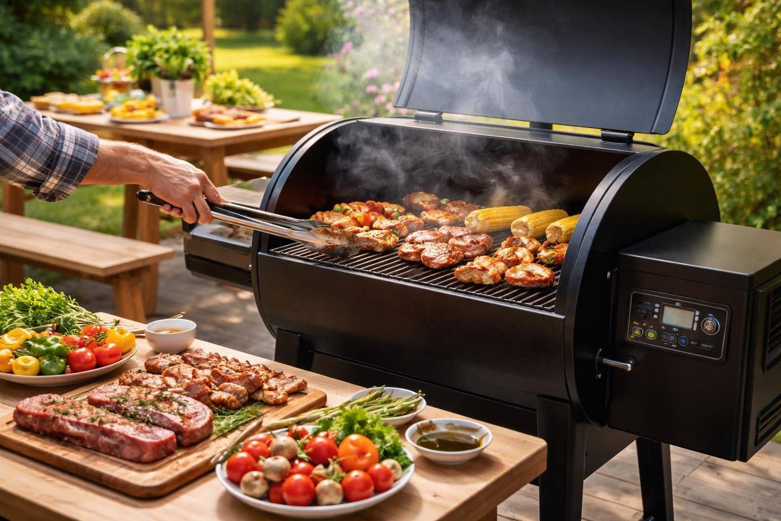 A person cooking on a pellet grill outdoors with fresh ingredients and grilling tools nearby.