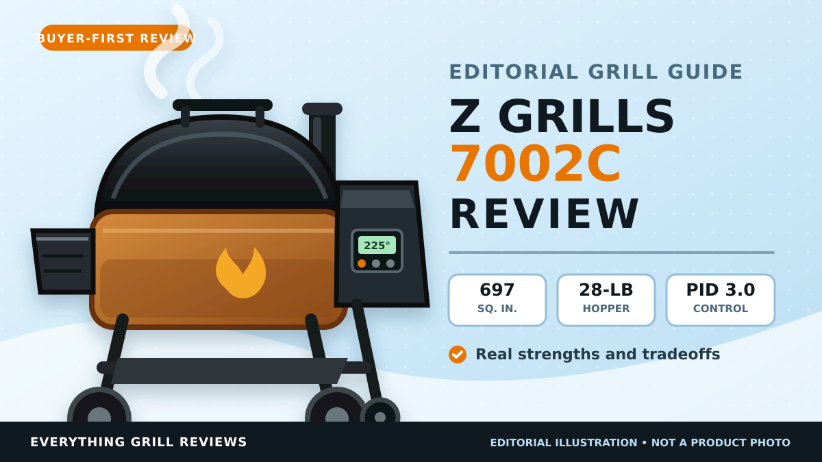 <!-- REPAIR NOTE Distinct intent: a buyer-focused review of the Z GRILLS 7002C / VC-7002C sold as the 2026 Upgrade 8-in-1 pellet grill, not a general pellet-grill guide. Major fixes: identified the exact model and ASIN; replaced unsupported praise with verified specifications and practical tradeoffs; added an early verdict, Quick Answer, question-led sections, comparison table, pros and cons, buy/skip guidance, maintenance advice, FAQs, internal links, authority links, affiliate CTAs, and a transparent research note. The published URL and slug remain unchanged. IMAGE PLACEMENT After the first Amazon button below, insert a licensed product image from Amazon SiteStripe, the manufacturer, or your own Media Library. Suggested filename: z-grills-7002c-pellet-grill-review.jpg Suggested alt text: Z GRILLS 7002C 8-in-1 pellet grill and smoker --> <h1>Z GRILLS 7002C Review: Is the 2026 Upgrade Worth It?</h1> <p><strong>Updated:</strong> August 27, 2026</p> <p>This <strong>Z GRILLS 7002C review</strong> examines the 2026 Upgrade 8-in-1 electric wood pellet grill and smoker sold under model number VC-7002C. Its strongest reasons to buy are a 697-square-inch cooking area, a 28-pound pellet hopper, PID V3.0 control, two meat probes, and an included cover. Its main limitations are a 450°F advertised maximum, no Wi-Fi feature stated on this listing, and the regular cleaning required by every pellet grill.</p> <div style="background:#fff4e5;border-left:5px solid #e87500;padding:16px 18px;margin:20px 0;"><strong>Quick Answer:</strong> The Z GRILLS 7002C is worth considering for families and low-and-slow cooks who want generous capacity without paying for app control. It is better at smoking, roasting, and everyday grilling than steakhouse-style searing. Confirm the exact VC-7002C bundle before ordering because similar 7002C versions are sold with different features.</div> <p style="text-align:center;margin:22px 0;"><a href="https://www.amazon.com/dp/B0GLMFMZFC" rel="nofollow sponsored" style="display:inline-block;background:#e87500;color:#ffffff;padding:12px 22px;text-decoration:none;border-radius:4px;font-weight:bold;">Go to Amazon for Price and Availability</a></p> <!-- Insert the licensed Z GRILLS 7002C product image here. --> <div style="border:1px solid #d8d8d8;background:#f7f7f7;padding:16px 18px;margin:22px 0;"> <p style="margin-top:0;"><strong>Research-based rating: 4.0 out of 5</strong></p> <p style="margin-bottom:0;">Best for buyers who value cooking room, a large hopper, and simple onboard controls. Look elsewhere if remote app monitoring or very high direct-heat searing is a priority.</p> </div> <h2 id="contents">Table of Contents</h2> <ul> <li><a href="#model">What model is this?</a></li> <li><a href="#worth-it">Is the Z GRILLS 7002C worth buying?</a></li> <li><a href="#specifications">Verified specifications</a></li> <li><a href="#performance">Cooking performance and tradeoffs</a></li> <li><a href="#features">Features that matter</a></li> <li><a href="#eight-in-one">What 8-in-1 really means</a></li> <li><a href="#ownership">Setup, cleaning, and ownership</a></li> <li><a href="#pros-cons">Pros and cons</a></li> <li><a href="#buy-skip">Who should buy or skip it?</a></li> <li><a href="#comparison">How it compares</a></li> <li><a href="#verdict">Final verdict</a></li> <li><a href="#faq">Frequently asked questions</a></li> </ul> <h2 id="model">What Is the Z GRILLS 2026 Upgrade 8-in-1 Model?</h2> <p>The current Amazon listing identifies this grill as the <strong>VC-7002C</strong>, with ASIN <strong>B0GLMFMZFC</strong>. It belongs to Z GRILLS' 7002C family, but buyers should not assume that every 7002C listing includes exactly the same controller, accessories, or connectivity.</p> <p>That distinction matters because Z GRILLS has sold several similarly named 700-series and 7002C variants. Some are explicitly labeled Wi-Fi models, while this exact listing promotes an LCD PID controller but does not advertise Wi-Fi or app control. Before buying, match the model number, ASIN, product photos, and included-accessory list rather than relying only on the phrase "2026 Upgrade."</p> <p>The product is an electrically controlled pellet cooker. Pellets supply the heat and smoke, while electricity runs the controller, auger, fan, and ignition system. It therefore needs both dry cooking pellets and access to a suitable outlet.</p> <h2 id="worth-it">Is the Z GRILLS 7002C Worth Buying?</h2> <p>Yes, it can be a good buy when you want a roomy, straightforward pellet grill for ribs, pork shoulder, brisket, poultry, roasts, casseroles, and ordinary family grilling. The combination of 697 square inches of total cooking space and a 28-pound hopper makes more sense for long cooks and gatherings than it does for a couple preparing two burgers.</p> <p>The value depends on the current price. This grill gives you several useful physical featuresâdual probes, hopper cleanout, pellet window, cover, and four-wheel mobilityâbut it does not appear to charge you for phone connectivity. That is a sensible trade for buyers who prefer controls on the grill. It is a weaker choice for someone who wants to adjust or monitor a long cook from inside the house.</p> <p>Do not buy it because the sales page says "8-in-1." Most pellet grills can smoke, roast, bake, and grill by changing the set temperature. Buy this model if its capacity, hopper size, controller, and included equipment fit the way you actually cook.</p> <h2 id="specifications">What Are the Verified Z GRILLS 7002C Specifications?</h2> <p>The exact retailer listing and Z GRILLS' information for the 7002C family support the specifications below. Product bundles can change, so compare them with the listing shown at checkout.</p> <div style="overflow-x:auto;margin:20px 0;"> <table style="width:100%;border-collapse:collapse;min-width:620px;"> <thead> <tr style="background:#111111;color:#ffffff;"> <th style="padding:11px;border:1px solid #333333;text-align:left;">Feature</th> <th style="padding:11px;border:1px solid #333333;text-align:left;">Listed Detail</th> <th style="padding:11px;border:1px solid #333333;text-align:left;">Why It Matters</th> </tr> </thead> <tbody> <tr><td style="padding:10px;border:1px solid #cccccc;"><strong>Model</strong></td><td style="padding:10px;border:1px solid #cccccc;">VC-7002C / 7002C family</td><td style="padding:10px;border:1px solid #cccccc;">Use the model and ASIN to avoid confusing similar versions.</td></tr> <tr><td style="padding:10px;border:1px solid #cccccc;"><strong>Cooking area</strong></td><td style="padding:10px;border:1px solid #cccccc;">697 sq. in. total</td><td style="padding:10px;border:1px solid #cccccc;">Room for family meals, several racks of ribs, or multiple foods.</td></tr> <tr><td style="padding:10px;border:1px solid #cccccc;"><strong>Temperature range</strong></td><td style="padding:10px;border:1px solid #cccccc;">180°F to 450°F on this listing</td><td style="padding:10px;border:1px solid #cccccc;">Useful for smoking through high-temperature roasting, with limited extreme searing heat.</td></tr> <tr><td style="padding:10px;border:1px solid #cccccc;"><strong>Controller</strong></td><td style="padding:10px;border:1px solid #cccccc;">PID V3.0 with LCD</td><td style="padding:10px;border:1px solid #cccccc;">Automatically manages pellet feed and fan operation around the set temperature.</td></tr> <tr><td style="padding:10px;border:1px solid #cccccc;"><strong>Pellet hopper</strong></td><td style="padding:10px;border:1px solid #cccccc;">28 lb.</td><td style="padding:10px;border:1px solid #cccccc;">Reduces refill frequency; actual runtime varies with temperature, weather, and pellet quality.</td></tr> <tr><td style="padding:10px;border:1px solid #cccccc;"><strong>Food monitoring</strong></td><td style="padding:10px;border:1px solid #cccccc;">2 included meat probes</td><td style="padding:10px;border:1px solid #cccccc;">Lets you follow two foods or two points in a large cut without repeatedly lifting the lid.</td></tr> <tr><td style="padding:10px;border:1px solid #cccccc;"><strong>Pellet handling</strong></td><td style="padding:10px;border:1px solid #cccccc;">Viewing window and hopper cleanout</td><td style="padding:10px;border:1px solid #cccccc;">Makes it easier to check fuel and empty unused pellets or change flavors.</td></tr> <tr><td style="padding:10px;border:1px solid #cccccc;"><strong>Included items</strong></td><td style="padding:10px;border:1px solid #cccccc;">Cover, 2 probes, grease bucket, and assembly gloves</td><td style="padding:10px;border:1px solid #cccccc;">Reduces the number of basic accessories needed on day one.</td></tr> <tr><td style="padding:10px;border:1px solid #cccccc;"><strong>Mobility</strong></td><td style="padding:10px;border:1px solid #cccccc;">2 larger wheels and 2 locking casters</td><td style="padding:10px;border:1px solid #cccccc;">Easier to reposition than a grill supported by only two small wheels.</td></tr> <tr><td style="padding:10px;border:1px solid #cccccc;"><strong>Connectivity</strong></td><td style="padding:10px;border:1px solid #cccccc;">Wi-Fi is not advertised on this exact listing</td><td style="padding:10px;border:1px solid #cccccc;">Plan to use the onboard controls unless the seller explicitly confirms otherwise.</td></tr> <tr><td style="padding:10px;border:1px solid #cccccc;"><strong>Warranty</strong></td><td style="padding:10px;border:1px solid #cccccc;">3 years currently advertised</td><td style="padding:10px;border:1px solid #cccccc;">Confirm coverage, seller eligibility, and current terms before ordering.</td></tr> </tbody> </table> </div> <p>Specification sources: the <a href="https://www.zgrills.com/products/zpg-7002f-pellet-grill" rel="noopener">official Z GRILLS 7002C product page</a> and the <a href="https://www.amazon.com/dp/B0GLMFMZFC" rel="nofollow sponsored">exact VC-7002C retailer listing</a>. Where those pages describe different variants, this review follows the exact retailer listing and flags the difference.</p> <h2 id="performance">How Should the Z GRILLS 7002C Perform for Real Cooking?</h2> <p>Its design should favor low-and-slow smoking, roasting, and steady indirect cooking. That conclusion comes from the controller, temperature range, covered cooking chamber, and pellet-feed systemânot from a claim that this exact unit was personally tested.</p> <h3>Does the PID V3.0 Controller Eliminate Temperature Swings?</h3> <p>No. A PID controller continually adjusts pellet feed and airflow to bring the cooker toward its set temperature, but it cannot remove the effects of wind, cold weather, lid openings, damp pellets, ash buildup, or a poorly positioned grill.</p> <p>The practical benefit is reduced fire management. Instead of tending charcoal vents or adding wood splits, you select a temperature and allow the system to manage combustion. During a long cook, you should still check the hopper, food temperature, grill status, and electrical connection. "Set it and forget it" is convenient advertising, not a reason to leave any live outdoor cooker completely unattended.</p> <h3>Is the Z GRILLS 7002C Good for Smoking?</h3> <p>Yes. Smoking is the best reason to choose this grill because its 180°F low setting, large hopper, enclosed chamber, and dual probes suit ribs, pork shoulder, brisket, poultry, and other indirect cooks.</p> <p>Pellet smoke is usually cleaner and milder than the flavor from a charcoal offset or a wood-burning pit. Buyers who want a gentle wood-fired profile may prefer that. Those chasing heavy smoke and a pronounced bark should understand the difference before buying. Smoke output also changes with cooking temperature, pellet species, pellet condition, and airflow.</p> <h3>Can the Z GRILLS 7002C Sear Steaks?</h3> <p>It can brown steaks and finish a reverse sear, but its advertised 450°F maximum is not the same as cooking directly over a very hot charcoal bed or a dedicated gas sear burner.</p> <p>For a better crust, preheat thoroughly and use a grill-safe cast-iron pan or griddle if the owner's manual permits it. Another approach is to smoke the steak on the 7002C and finish it on a separate high-heat cooker. Buyers who cook steaks far more often than barbecue may be happier with gas or charcoal.</p> <h3>Is 697 Square Inches Enough Cooking Space?</h3> <p>Yes, 697 square inches is a useful family-and-gathering size, but the total includes more than one cooking level. The shape and vertical clearance matter as much as the headline number.</p> <p>A large brisket, tall roast, or turkey may require removing or repositioning an upper rack. Ribs can use the extra tier efficiently, while burgers and steaks are easiest to handle on the main grate. Buyers should look at the grate layout in the current listing, not translate total square inches into an exact food count promised by advertising.</p> <h2 id="features">Which Z GRILLS 7002C Features Matter Most?</h2> <p>The hopper cleanout, pellet window, dual probes, and four-wheel base are more meaningful than the 8-in-1 label. They affect routine use every time you cook or store the grill.</p> <h3>28-Pound Hopper, Window, and Cleanout</h3> <p>The 28-pound hopper provides a generous fuel reserve, especially for low-temperature cooking. Do not treat the capacity as a guaranteed number of cooking hours; pellet use changes with outdoor temperature, wind, set temperature, lid openings, and the fuel itself.</p> <p>The viewing window lets you check the hopper without opening it, while the cleanout gives you a practical way to remove unused pellets or switch wood flavors. Emptying pellets is also helpful when humid weather could damage fuel left in the hopper.</p> <h3>LCD Controller and Two Meat Probes</h3> <p>The onboard LCD keeps the controls simple and avoids making a phone app mandatory. Two probes are useful when cooking two proteins or monitoring different areas of a thick cut.</p> <p>Built-in probes are convenient, but an instant-read thermometer is still valuable for checking several spots before serving. Follow safe internal-temperature guidance rather than judging doneness only by time or appearance; the <a href="https://www.fsis.usda.gov/food-safety/safe-food-handling-and-preparation/food-safety-basics/safe-temperature-chart" rel="noopener">USDA safe temperature chart</a> is a useful reference.</p> <h3>Included Cover and Mobile Base</h3> <p>An included cover is useful because pellet grills combine steel, wiring, a motor, an igniter, and an electronic controller. Let the grill complete its shutdown cycle and cool fully before covering it. A cover helps with weather exposure, but it does not make the cooker waterproof.</p> <p>The two larger wheels and two locking casters should make patio repositioning easier. This is still a full-size grill, so use help during assembly and avoid rolling it over rough ground while the cooker is hot or the hopper is heavily loaded.</p> <h2 id="eight-in-one">What Does 8-in-1 Cooking Really Mean?</h2> <p>It means the grill can support eight named cooking methods by changing temperature and technique: smoke, grill, bake, roast, sear, braise, barbecue, and char-grill. It does not mean eight separate appliances or eight independent heat systems.</p> <ul> <li><strong>Smoke:</strong> Low-temperature indirect cooking with pellet smoke.</li> <li><strong>Roast:</strong> Convection-style cooking for poultry, vegetables, and larger cuts.</li> <li><strong>Bake:</strong> Enclosed heat for pizza, cornbread, casseroles, and desserts in suitable cookware.</li> <li><strong>Braise:</strong> A covered pan or Dutch oven can cook food slowly with liquid.</li> <li><strong>Grill:</strong> Higher-temperature cooking for burgers, chicken, chops, and vegetables.</li> <li><strong>Sear:</strong> Browning at the high end of the grill's range, with less intensity than many direct-flame cookers.</li> <li><strong>Barbecue:</strong> Low-and-slow cooking for ribs, pork shoulder, and brisket.</li> <li><strong>Char-grill:</strong> The manufacturer's label for high-temperature grilling; do not expect charcoal-style direct flame unless the exact model documentation states that feature.</li> </ul> <p>The most natural jobs are smoking, barbecue, roasting, and baking. Searing and char-grilling are possible, but they are not the design's strongest advantage.</p> <h2 id="ownership">Is the Z GRILLS 7002C Easy to Use and Maintain?</h2> <p>It is easier to manage during a cook than charcoal or an offset smoker, but it still needs assembly, a burn-in, proper shutdown, grease removal, and ash cleanup.</p> <ol> <li><strong>Confirm the model before assembly.</strong> Check the carton, controller, accessory package, and manual against the listing.</li> <li><strong>Follow the first-start and burn-in instructions.</strong> Use the manual for the exact controller rather than a video for a similar-looking model.</li> <li><strong>Keep cooking pellets dry.</strong> Damp or crumbling pellets can feed poorly and contribute to ignition or temperature problems.</li> <li><strong>Vacuum cold ash regularly.</strong> The hopper cleanout empties pellets; it does not remove ash from the firepot and cook chamber.</li> <li><strong>Control grease buildup.</strong> Clean the drip system and grease bucket before buildup becomes a fire risk.</li> <li><strong>Use the shutdown cycle.</strong> Do not simply unplug the grill at the end of a cook unless the manual directs you to do so in an emergency.</li> <li><strong>Cook outdoors with safe clearances.</strong> Never use a pellet grill in a house, garage, tent, or other enclosed space.</li> </ol> <p>If your pellet grill ever loses heat or shuts down unexpectedly, use this site's guide to the causes of a <a href="https://www.everythinggrillreviews.com/pellet-grill-keeps-shutting-off/">pellet grill that keeps shutting off</a> rather than repeatedly restarting a dirty or overfilled firepot.</p> <h2 id="pros-cons">What Are the Z GRILLS 7002C Pros and Cons?</h2> <p>The biggest advantages are practical capacity and fuel handling. The biggest drawbacks are searing limits, lack of stated app control, and model-name confusion.</p> <div style="display:flex;flex-wrap:wrap;gap:18px;margin:20px 0;"> <div style="flex:1 1 290px;border:1px solid #bfd8bf;background:#f5fbf5;padding:16px;"> <h3 style="margin-top:0;">Pros</h3> <ul> <li>697 square inches of total cooking space</li> <li>Large 28-pound pellet hopper</li> <li>PID V3.0 controller with an LCD</li> <li>Two included meat probes</li> <li>Hopper cleanout and pellet viewing window</li> <li>Cover, grease bucket, and assembly gloves included</li> <li>Two larger wheels plus two locking casters</li> <li>Strong fit for smoking, roasting, and family cooking</li> </ul> </div> <div style="flex:1 1 290px;border:1px solid #e0bcbc;background:#fff7f7;padding:16px;"> <h3 style="margin-top:0;">Cons</h3> <ul> <li>450°F advertised ceiling limits extreme searing</li> <li>No Wi-Fi or app control stated on the exact listing</li> <li>Requires electricity as well as pellets</li> <li>Hopper cleanout does not replace firepot ash cleaning</li> <li>Full-size footprint may be excessive for small patios</li> <li>Similar 7002C variants can make shopping confusing</li> <li>Pellet smoke may be too mild for some barbecue fans</li> </ul> </div> </div> <h2 id="buy-skip">Who Should Buy or Skip the Z GRILLS 7002C?</h2> <p>Buy it if low-and-slow cooking, generous capacity, and straightforward onboard controls matter more to you than phone features or maximum searing heat.</p> <h3>Buy the Z GRILLS 7002C If:</h3> <ul> <li>You regularly cook for a family or small gathering.</li> <li>You want to smoke ribs, pork shoulder, brisket, chicken, or turkey with less fire management.</li> <li>You appreciate a large hopper for longer sessions.</li> <li>You want two probes and a cover included.</li> <li>You prefer a simple LCD controller over an app.</li> <li>You need a pellet cleanout for changing flavors or storing fuel properly.</li> </ul> <h3>Skip the Z GRILLS 7002C If:</h3> <ul> <li>You mainly cook steaks and want intense direct-flame searing.</li> <li>You need Wi-Fi monitoring and remote control.</li> <li>You cook only for one or two people and want a compact grill.</li> <li>You do not have reliable outdoor electrical access.</li> <li>You want heavy offset-smoker flavor rather than the cleaner profile of a pellet fire.</li> <li>You do not want to vacuum ash or maintain an auger-fed cooker.</li> </ul> <h2 id="comparison">How Does the Z GRILLS 7002C Compare With Other Grill Types?</h2> <p>It occupies the middle ground between compact pellet grills and higher-priced connected models. Compared with gas or charcoal, it trades searing intensity for easier indirect cooking and automatic fuel management.</p> <div style="overflow-x:auto;margin:20px 0;"> <table style="width:100%;border-collapse:collapse;min-width:680px;"> <thead> <tr style="background:#111111;color:#ffffff;"> <th style="padding:11px;border:1px solid #333333;text-align:left;">Choice</th> <th style="padding:11px;border:1px solid #333333;text-align:left;">Best For</th> <th style="padding:11px;border:1px solid #333333;text-align:left;">Main Advantage</th> <th style="padding:11px;border:1px solid #333333;text-align:left;">Main Tradeoff</th> </tr> </thead> <tbody> <tr><td style="padding:10px;border:1px solid #cccccc;"><strong>Z GRILLS 7002C</strong></td><td style="padding:10px;border:1px solid #cccccc;">Families and longer pellet cooks</td><td style="padding:10px;border:1px solid #cccccc;">697-sq.-in. capacity, 28-lb. hopper, probes, and cleanout</td><td style="padding:10px;border:1px solid #cccccc;">No stated Wi-Fi and limited extreme searing</td></tr> <tr><td style="padding:10px;border:1px solid #cccccc;"><strong>Compact pellet grill</strong></td><td style="padding:10px;border:1px solid #cccccc;">Couples, small families, and tight patios</td><td style="padding:10px;border:1px solid #cccccc;">Smaller footprint and less unused cooking space</td><td style="padding:10px;border:1px solid #cccccc;">Less room for gatherings or several large cuts</td></tr> <tr><td style="padding:10px;border:1px solid #cccccc;"><strong>Wi-Fi pellet grill</strong></td><td style="padding:10px;border:1px solid #cccccc;">Buyers who monitor cooks from a phone</td><td style="padding:10px;border:1px solid #cccccc;">Remote status, alerts, and sometimes control</td><td style="padding:10px;border:1px solid #cccccc;">Usually more cost and more technology to configure</td></tr> <tr><td style="padding:10px;border:1px solid #cccccc;"><strong>Gas or charcoal grill</strong></td><td style="padding:10px;border:1px solid #cccccc;">Frequent burgers and high-heat steak cooking</td><td style="padding:10px;border:1px solid #cccccc;">Stronger direct-heat searing potential</td><td style="padding:10px;border:1px solid #cccccc;">Less automatic low-and-slow fire management</td></tr> </tbody> </table> </div> <p>For another 697-square-inch option with an enclosed cabinet, read the <a href="https://www.everythinggrillreviews.com/z-grills-700d6-review/">Z GRILLS 700D6 review</a>. For app control and a different cleanup system, compare the <a href="https://www.everythinggrillreviews.com/traeger-woodridge-pellet-grill/">Traeger Woodridge pellet grill</a>. The <a href="https://www.everythinggrillreviews.com/pit-boss-navigator-850-pellet-grill-m-line-pb850m-review-best-backyard-grill/">Pit Boss Navigator 850 review</a> is useful if direct-flame capability matters more.</p> <h2 id="verdict">What Is the Final Verdict on the Z GRILLS 7002C?</h2> <p>The Z GRILLS 7002C is a sensible research-based recommendation for a buyer who wants a large, traditional pellet grill without making Wi-Fi a requirement. Its 697-square-inch cooking area, 28-pound hopper, PID controller, two probes, cleanout, and included cover form a practical package for low-and-slow barbecue and family cooking.</p> <p>The honest limitation is heat style. A 450°F indirect pellet cooker can handle burgers, chicken, vegetables, and reverse-seared steaks, but it should not be mistaken for a dedicated high-heat searing machine. The exact listing also does not advertise app control. Those are acceptable compromises when smoking capacity and uncomplicated controls come first.</p> <p><strong>Bottom line:</strong> Compare the live price with compact pellet grills and explicitly labeled Wi-Fi models. If the 7002C is competitively priced and you will use its capacity, hopper, and probes, it earns a <strong>4.0 out of 5</strong> research-based rating.</p> <p style="text-align:center;margin:24px 0;"><a href="https://www.amazon.com/dp/B0GLMFMZFC" rel="nofollow sponsored" style="display:inline-block;background:#e87500;color:#ffffff;padding:12px 22px;text-decoration:none;border-radius:4px;font-weight:bold;">Go to Amazon for Price and Availability</a></p> <h2 id="faq">Frequently Asked Questions</h2> <h3>Is the Z GRILLS 7002C Good for Beginners?</h3> <p>Yes. Its electronic ignition, PID controller, LCD, and automatic pellet feed remove much of the manual fire control that beginners face with charcoal or an offset smoker. Beginners still need to follow startup, shutdown, cleaning, and food-safety instructions.</p> <h3>Does the Z GRILLS 7002C Have Wi-Fi?</h3> <p>The exact VC-7002C listing reviewed here does not advertise Wi-Fi or app control. Z GRILLS sells other 7002C variants that are explicitly labeled Wi-Fi, so verify the model number and feature list before ordering.</p> <h3>What Temperature Range Does the Z GRILLS 7002C Have?</h3> <p>The current VC-7002C retailer listing states a range of 180°F to 450°F. Similar or older 7002C pages may show a different low setting, which is another reason to follow the manual supplied with the exact grill.</p> <h3>How Large Is the Z GRILLS 7002C Hopper?</h3> <p>The listing states a 28-pound pellet capacity. That is generous for longer cooks, but the number of hours per load depends on the chosen temperature, weather, wind, pellet condition, and how often the lid is opened.</p> <h3>Can the Z GRILLS 7002C Sear a Steak?</h3> <p>Yes, it can brown or reverse-sear a steak at the high end of its range, especially with preheated cast iron. It will not match the concentrated direct heat of a charcoal fire or dedicated gas sear burner.</p> <h3>What Comes With the Z GRILLS 7002C?</h3> <p>The exact listing says the package includes a grill cover, two meat probes, a grease bucket, and assembly gloves. Bundles can change, so check the "included components" section before purchase.</p> <h3>Does a Z GRILLS Pellet Grill Need Electricity?</h3> <p>Yes. Pellets are the cooking fuel, but electricity operates the controller, auger, fan, and igniter. Use outdoor electrical equipment and cord arrangements that comply with the manual and local safety requirements.</p> <h3>Does the Hopper Cleanout Remove Ash?</h3> <p>No. The hopper cleanout removes unused pellets from the fuel bin. Ash still collects around the firepot and inside the cook chamber, so the cold grill needs regular vacuuming and grease cleanup.</p> <h2>Related Pellet Grill Guides</h2> <ul> <li><a href="https://www.everythinggrillreviews.com/z-grills-700d6-review/">Z GRILLS 700D6 Review</a></li> <li><a href="https://www.everythinggrillreviews.com/traeger-woodridge-pellet-grill/">Traeger Woodridge Pellet Grill Review</a></li> <li><a href="https://www.everythinggrillreviews.com/pit-boss-navigator-850-pellet-grill-m-line-pb850m-review-best-backyard-grill/">Pit Boss Navigator 850 Review</a></li> <li><a href="https://www.everythinggrillreviews.com/best-wood-pellets-grilling-top-picks-unbeatable-flavor/">Best Wood Pellets for Grilling</a></li> <li><a href="https://www.everythinggrillreviews.com/easy-pellet-grill-recipes-for-beginners/">Easy Pellet Grill Recipes for Beginners</a></li> </ul> <div style="border-top:2px solid #333333;border-bottom:2px solid #333333;padding:16px 0;margin:26px 0;"> <p><strong>How this review was prepared:</strong> The author has been grilling since 1970 but has not personally tested this exact Z GRILLS 7002C. This review is based on the current manufacturer page, the exact retailer listing, published model information, and practical evaluation of how the documented design affects a buyer. No hands-on result or owner experience has been invented.</p> <p><strong>Affiliate disclosure:</strong> Everything Grill Reviews may earn a commission when you buy through links on this page. This does not change the price you pay or the conclusions in this review.</p> </div> <!-- GRILLRANK SEO DATA â REMOVE THIS SECTION BEFORE PUBLISHING WordPress Title: Z GRILLS 7002C Review: Is the 2026 Upgrade Worth It? Focus Keyword: Z GRILLS 7002C review SEO Title: Z GRILLS 7002C Review: Is the 2026 Upgrade Worth It? Meta Description: Our Z GRILLS 7002C review covers its 697-square-inch cooking area, PID 3.0 controller, 28-pound hopper, key drawbacks, and best buyers.