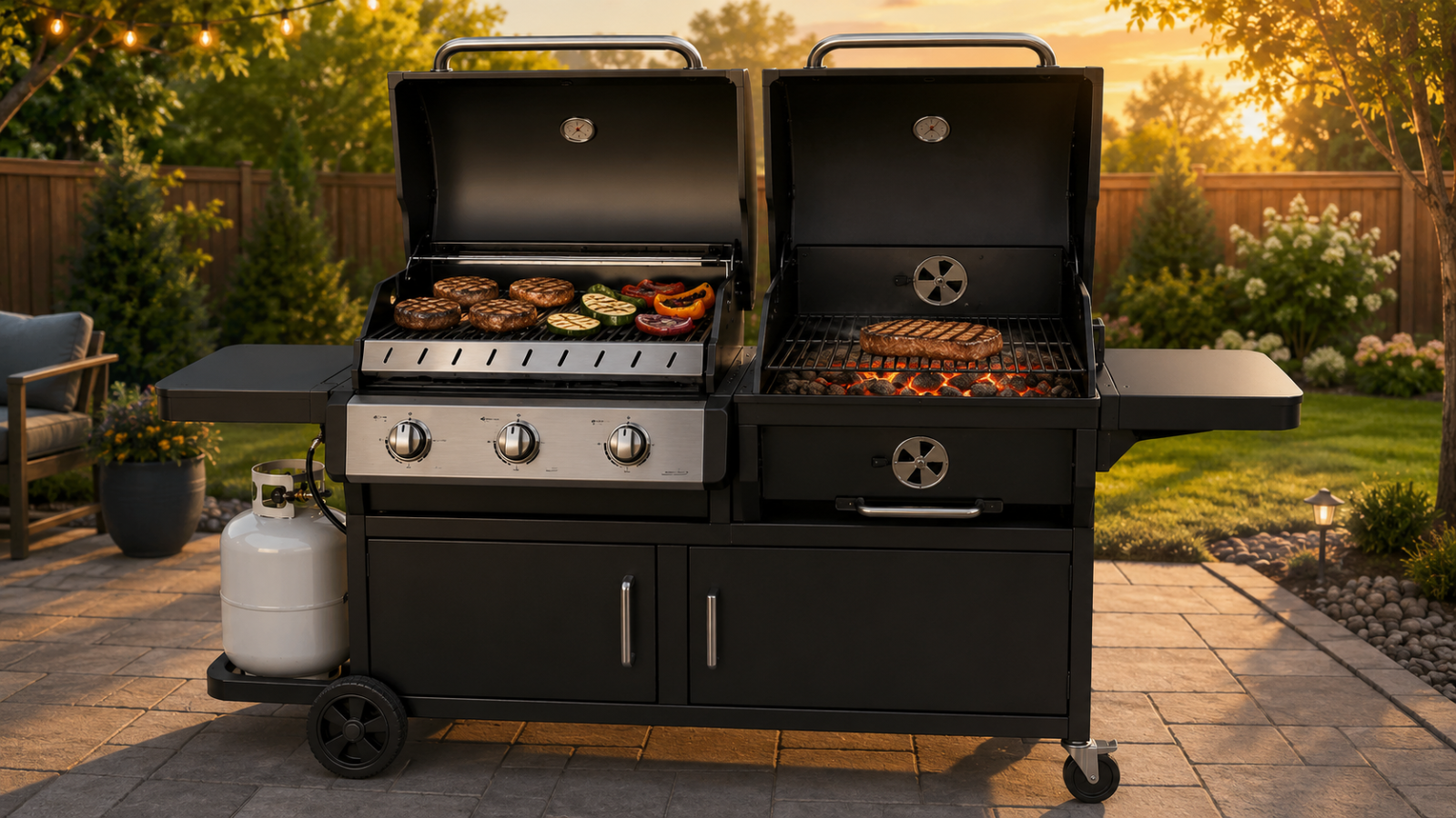 Dual fuel gas and charcoal grill with separate cooking chambers