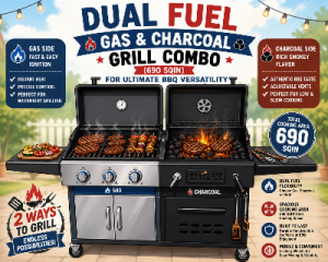Dual Fuel Gas & Charcoal Grill Combo (690 SQIN) for Ultimate BBQ Versatility