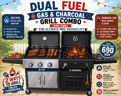 Dual Fuel Gas & Charcoal Grill Combo (690 SQIN) for Ultimate BBQ Versatility