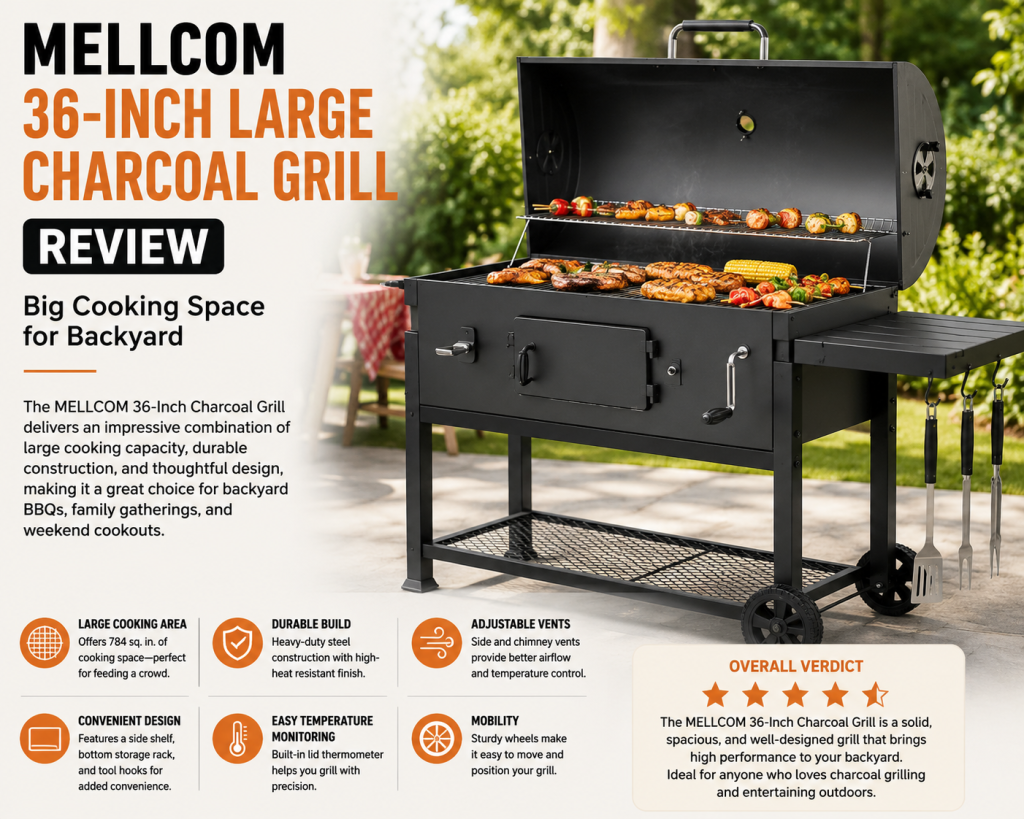MELLCOM 36-Inch Large Charcoal Grill Review: Big Cooking Space for Backyard